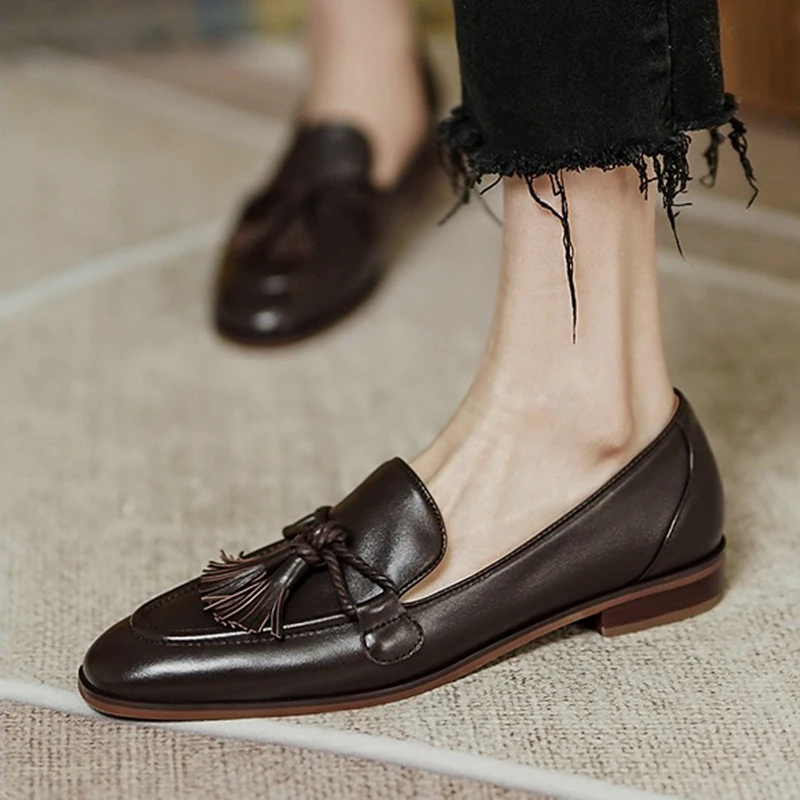 Retro Tassel bow-knot small leather shoes women loafers square toe low heels oxfords woman ins genuine leather fringe flats