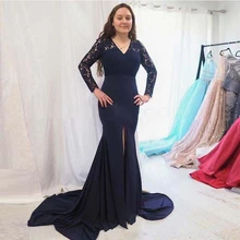 

Dark Navy Blue Mother of the Bride Dresses for Wedding Party Long Sleeve Split Skirt Mermaid Evening Prom Banquet Gowns