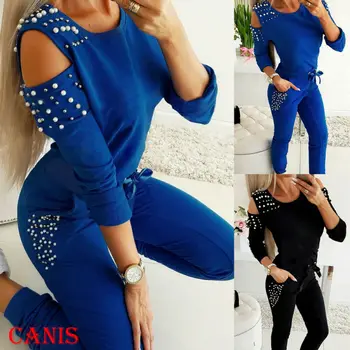 

Women's Jogger Off Shoulder Long Sleeve Casual Ladies Tracksuit Sweatshirt Tops + Pants 2Pcs Sets Sport Lounge Wear Comfy Suit