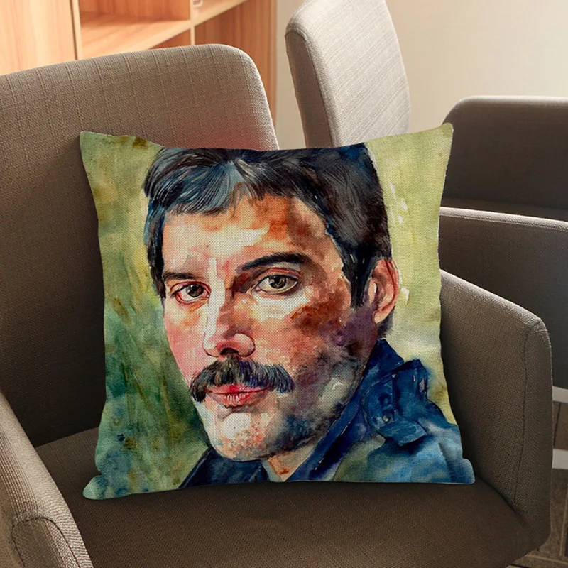 Queen Band Music Art Freddie Mercury Watercolor Vintage Portrait Cushion Cover Poster Design Decorative Sofa Throw Pillow Cover