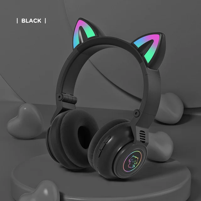 Cute RGB Kitten wireless Headsets Bluetooth 5.0 Bass Noise Cancellation Adult Child Girl Headset Support TF Card Helmet with Mic Black
