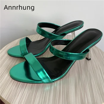 

Bright Patent Leather Narrow Band Slippers Women Jeweled Diamond Thin Heel One-strap Slip-on Party Shoes Woman