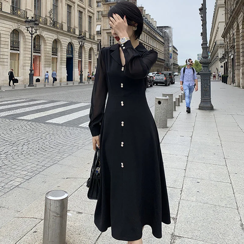 Kaufen Vintage Perle Taste Kleid Für Frauen V neck Chiffon Kleid 2019 Herbst Winter Elegante Lange Hülse Weiblich Partei Lange Kleid vestido