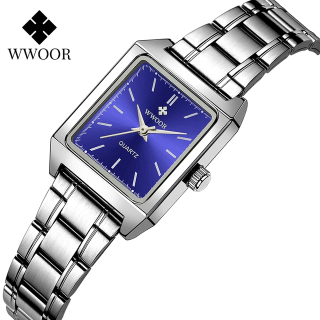 WWOOR Casual Square Women Watches Ultra Thin Small Female Quartz Watch Full Stainless Steel Ladies Wrist Waches Relogio Feminino blue