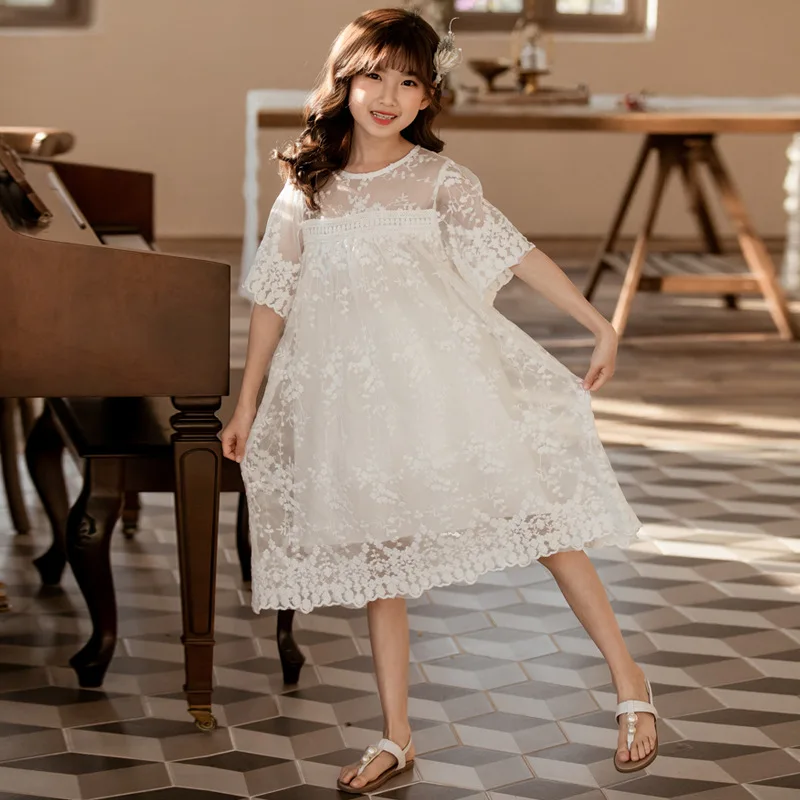 Teen Girls White Lace Dress Cute Long Short Sleeve Princess