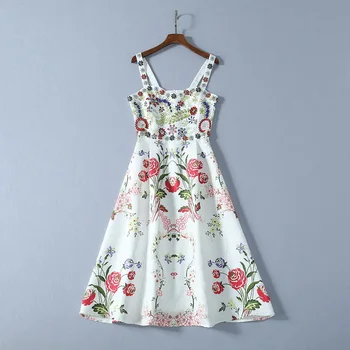 

Spring 2020 for European and American women's wear Condole belt Heavy industry nail bead jacquard printing fashion dress