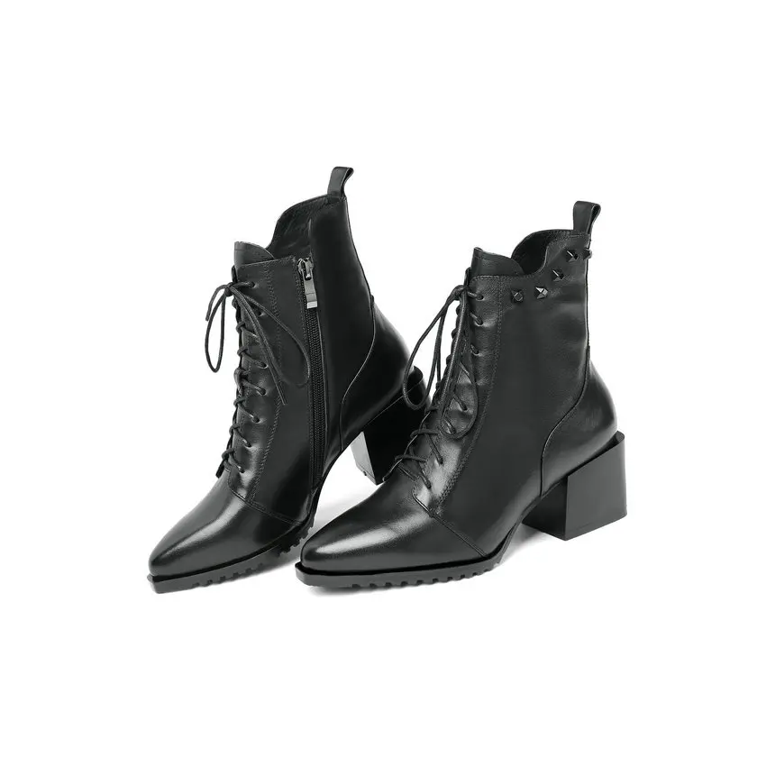QUTAA/; женские ботильоны; удобная женская обувь из натуральной кожи; модные полусапожки на шнуровке с заклепками и острым носком на молнии; размеры 34-42 - Цвет: Черный