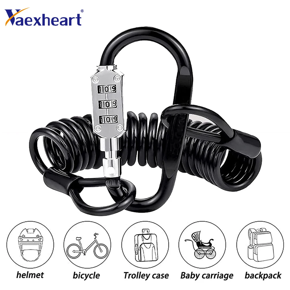 Black/silves Motorcycle Helmet Lock Combo Carabiner W/ 6 Ft Steel