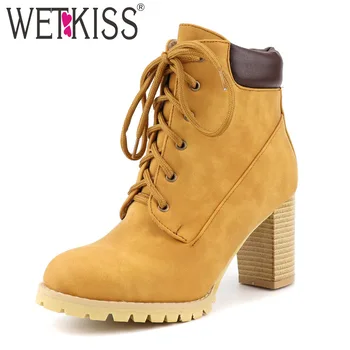 

WETKISS Motorcycle Boots Women Ankle Boot Female High Heels Shoes Ladies Lace Up Round Toe Shoes Women Winter Big Size 48