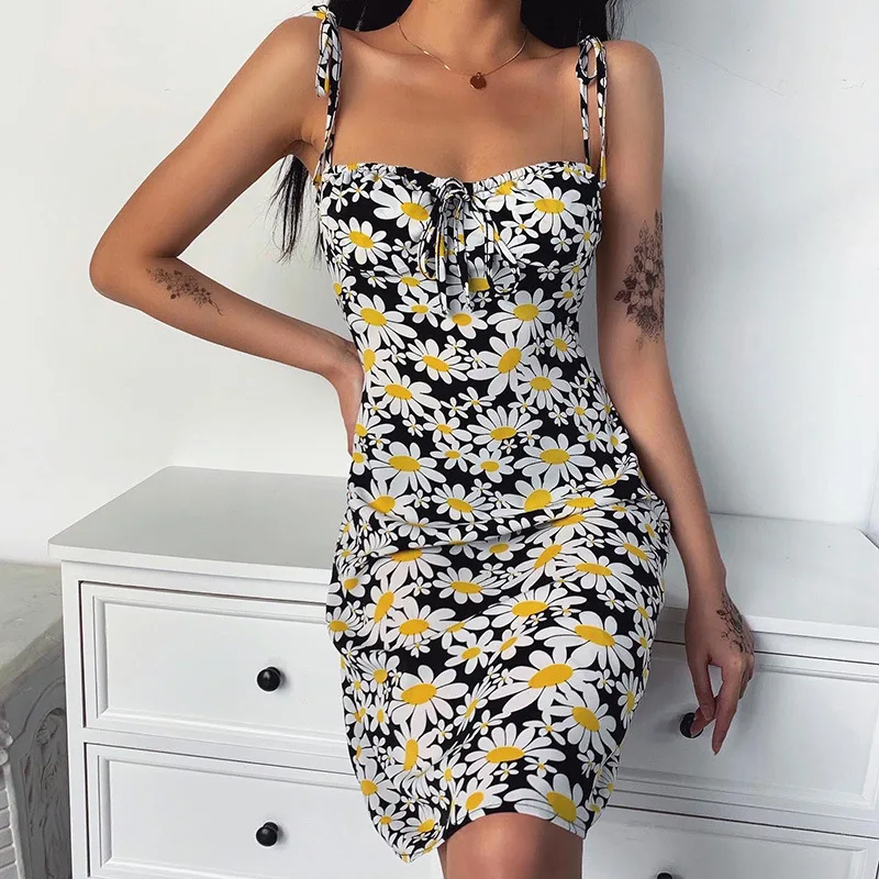 2020 Backless Sleeveless Lace Up Mini Summer Dress Women Sexy Spaghetti Straps Floral Print Female Holiday Sundress vestidos New | Женская
