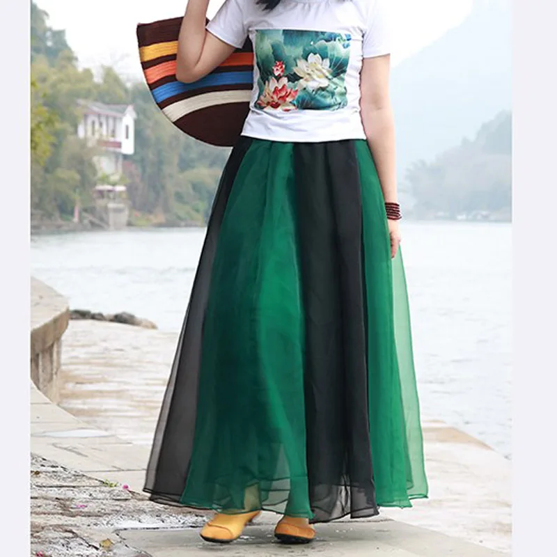 large Plue Size Fashion Fake Molded Silk Organza Tutu Tluffy Fairy Dance Striped Stitching Women Maxi Skirt Designs