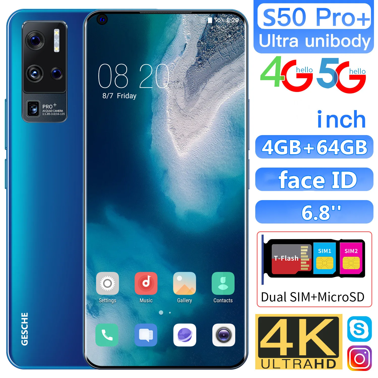 GESCHE S50 Rro + smartfon 4G + 64GB Dual SIM Dual Standby obsługa sieci 4G 5G oryginalny telefon inteligentne rozpoznawanie twarzy