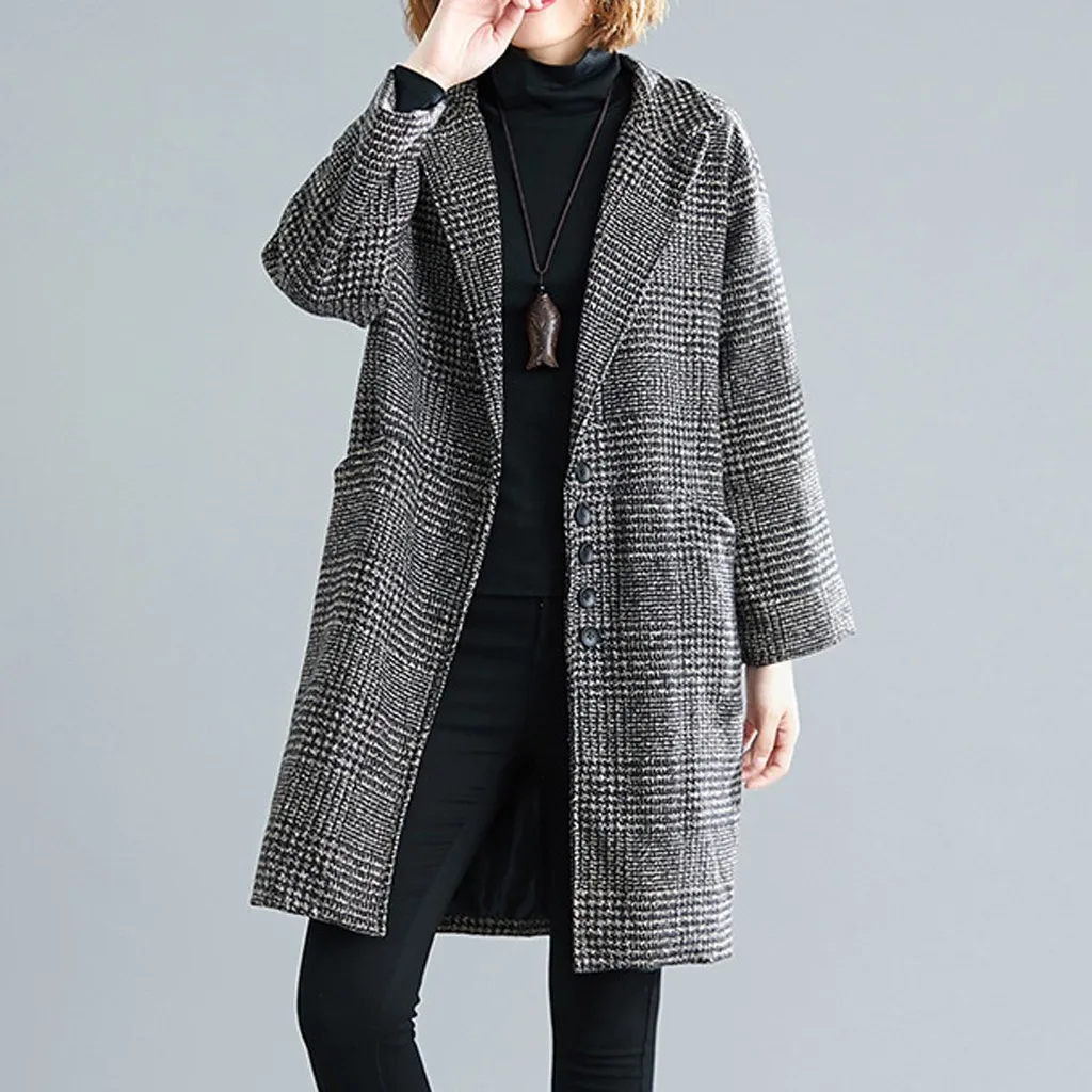 Plus Size M-2xl Woman Plaid Wool Blend Cape Coat Grey Tweed Long Sleeve Single Breasted Wool Overcoat Trench Coat Jacket#J30