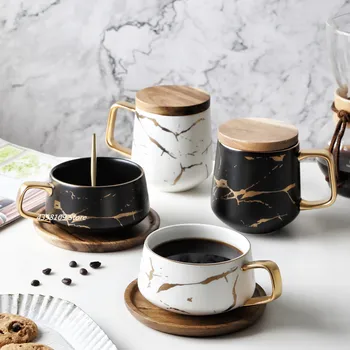

Nordic ceramic coffee mug mug tea set marble series family breakfast milk cup saucer with lid household cold water bottle