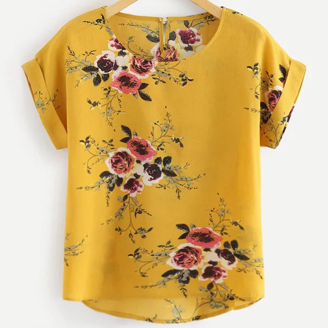 Summer Fashion Floral Print Blouse Pullover Ladies O-neck Tee 