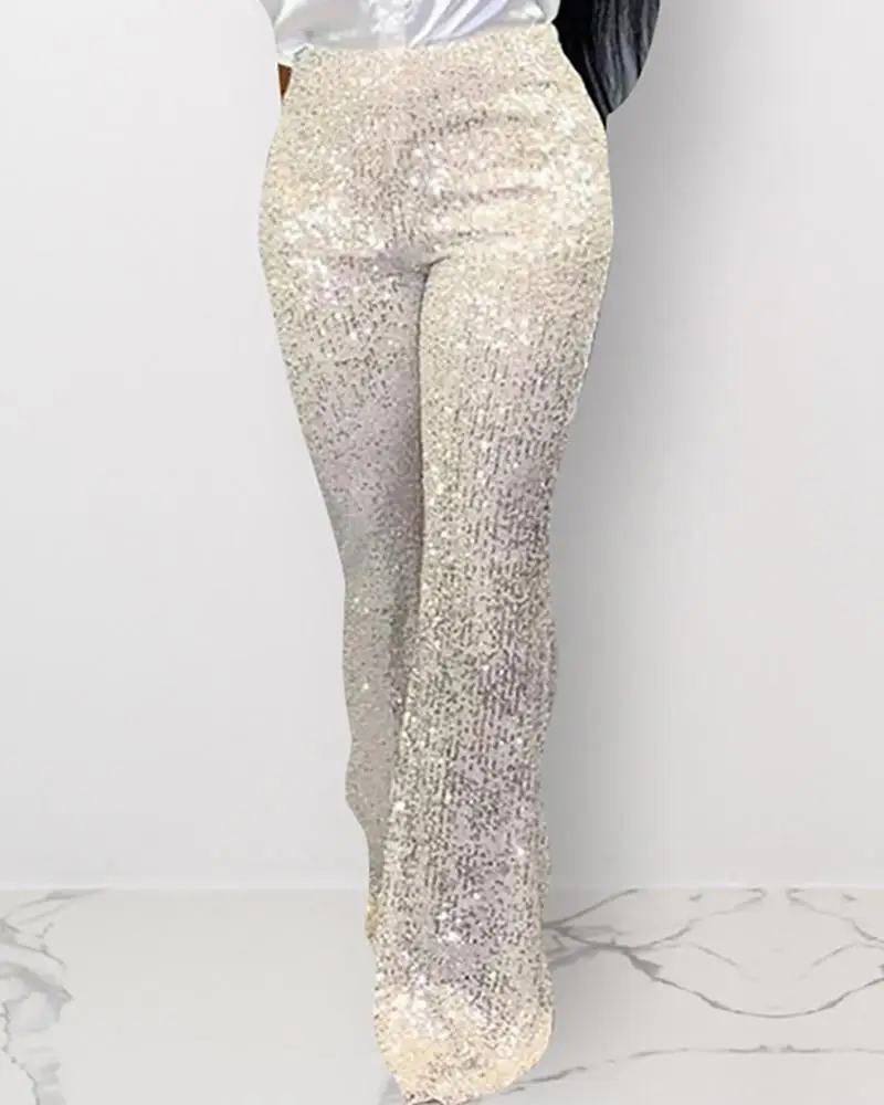 Sequins High Waist Wide Pants Woman Glitter Silver Black High Waist Trousers for Female Party Dance Flared Legs Pants