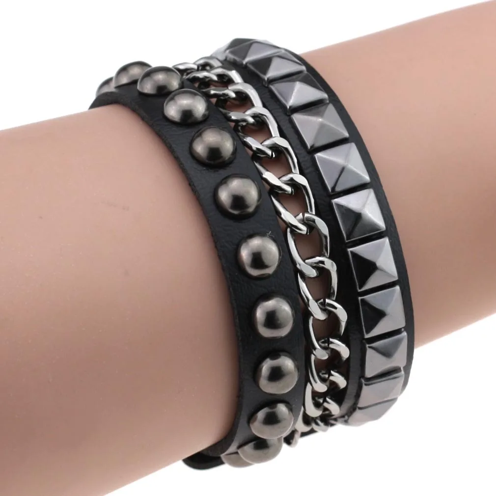 Punk stuff Leather Studded Bracelet Men Women Chain Cuffs Bracelet Goth Jewelry Cosplay Emo Gothic Accessories