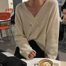 Женские вязаные свитера с v-образным вырезом, корейский двубортный кардиган на пуговицах, минималистичный стиль, женские топы, весенний женский свитер
