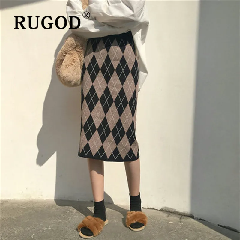 RUGOD, Элегантная трикотажная Женская юбка, модная, высокая талия, эластичность, прямая, облегающая юбка, Осень-зима, Теплые юбки-карандаш