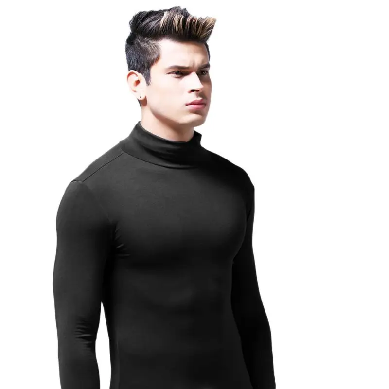 Облегающая футболка осень-зима, мужское термобелье из модальной ткани, топы с длинным рукавом и воротником, эластичная бесшовная теплая одежда - Цвет: Черный