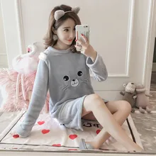 Женские бархатные фланелевые пижамы с длинными рукавами, зимние плотные милые пижамы с рисунком медведя из мультфильма, милые студенческие пижамы до колен