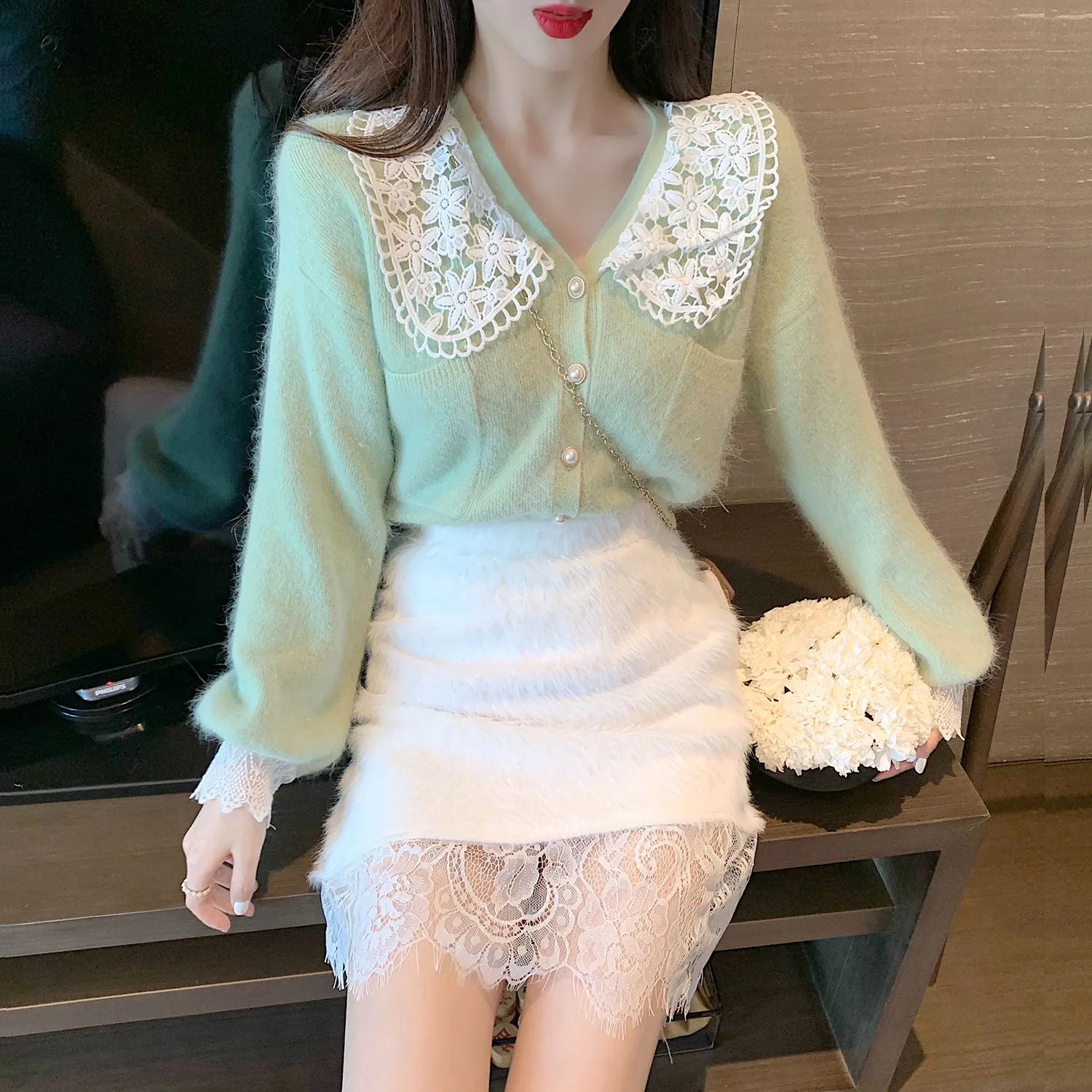 

Photo Shoot ~ Gentle Wind Sweet Lace Cardigan Peter Pan Collar Nap Coat + Graceful A- line Short Skirt