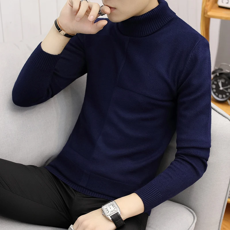 308B-G02-P21Navy Gola alta branco masculino camisola pulloover fino quente sólido alta lapela жаккард Хеджирование roupas masculinas britânicas gola al - Цвет: 308B-G02-P21Navy