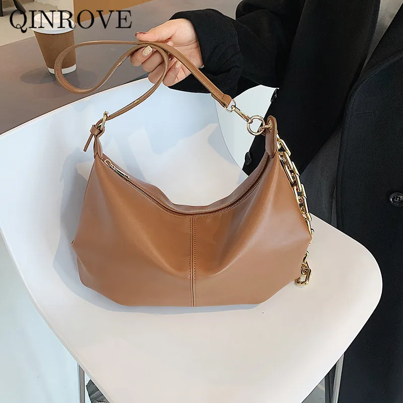 

Solid Color PU Leather Shoulder Bag For Women Designer New Fashion Crossbody Bag Female Large Casual Tote Bag With Chain Handbag