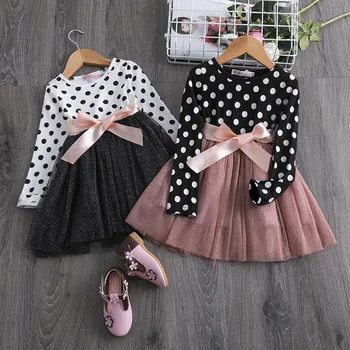 

2019 New Kids Bbay Girls Dress Long Sleeve Dot Print Patchwork Dress Tulle Tutu Party Formal With Belt Bowknot Girls Dress 2-7T