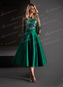 Зеленые платья для матери невесты, ТРАПЕЦИЕВИДНОЕ женское платье длиной ниже колена для гостей свадьбы, индивидуальное официальное вечернее платье с длинным рукавом