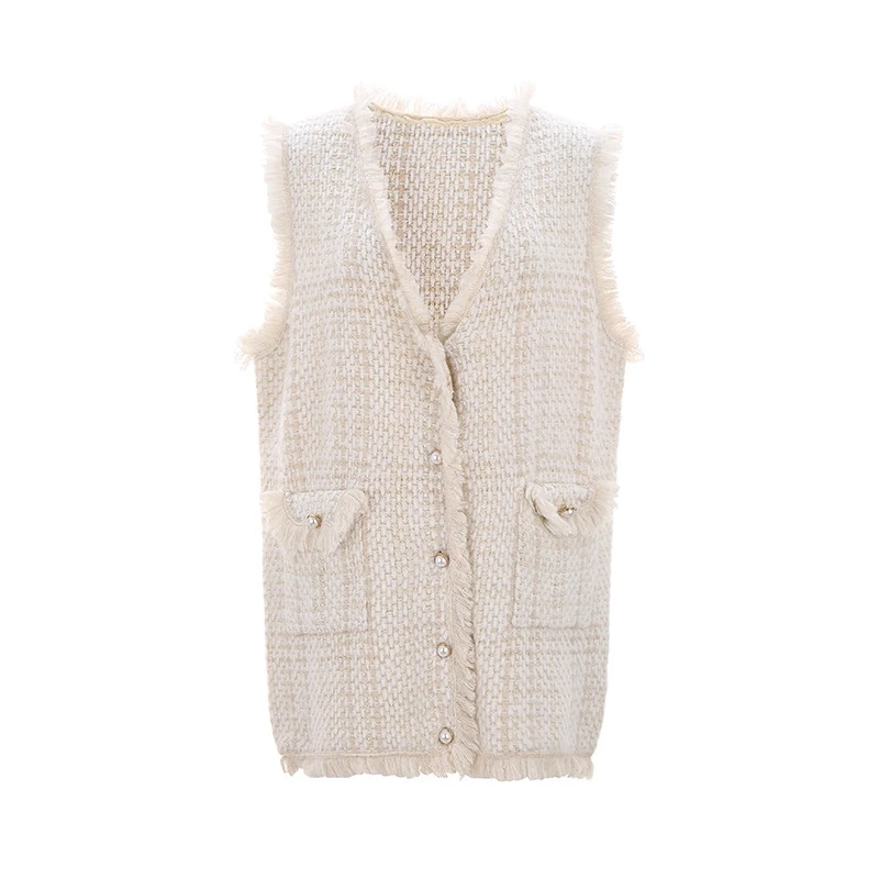 Women New Retro Black Beige Plaid Tweed Vest Houndstooth Waistcoat Pockets Long Sleeveless Tassel Jacket Outerwear Female Tops
