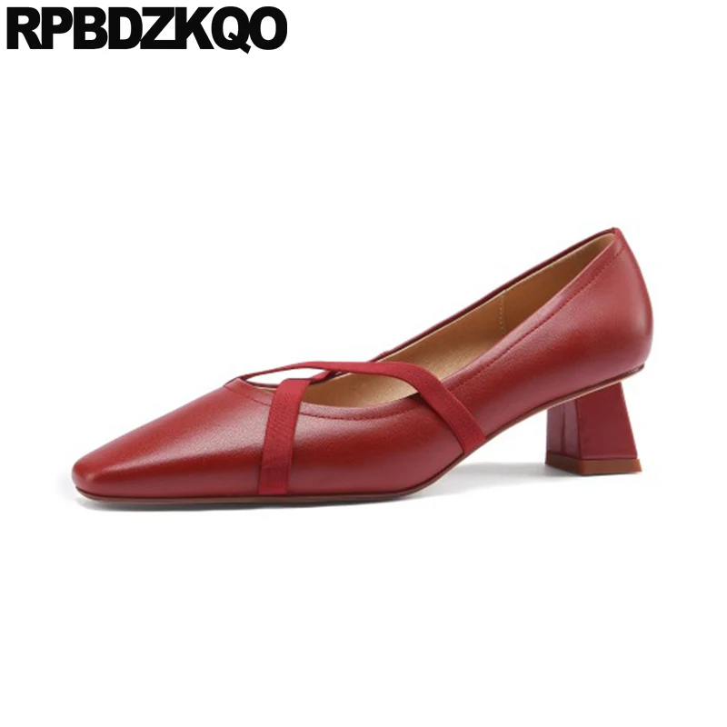 

Medium Heels Women Pumps Genuine Leather Square Toe Wine Red Ribbon Size 33 Prom Shoes Girls Trending High Cross Strap Thick
