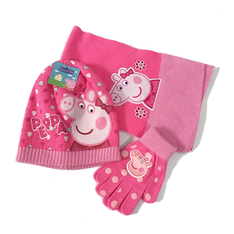 

Peppa Pig Peggy Knitted Winter Scarf Gloves Knit Cap Three-Piece Fashion Joker child birthday Xmas gift
