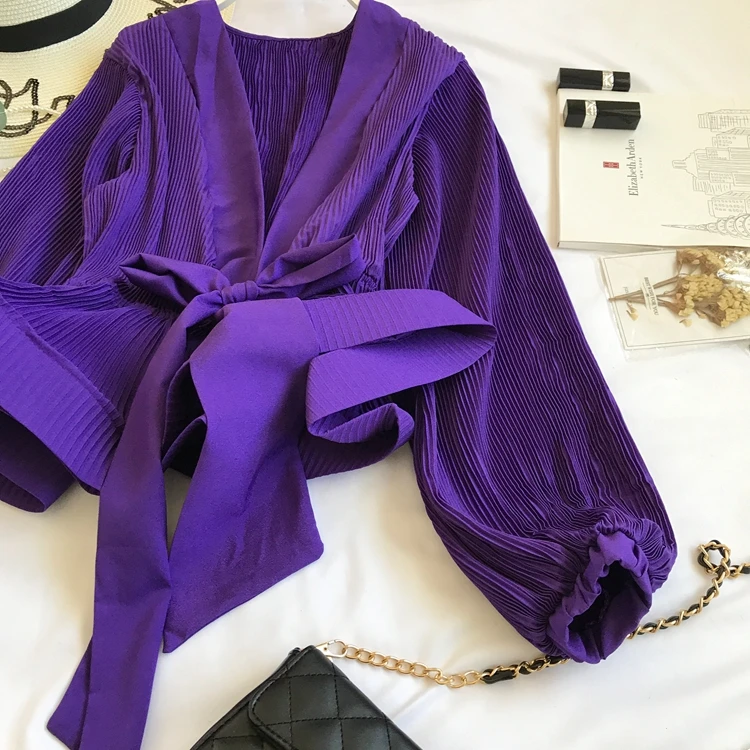 Women Elegant Long Sleeve Blouse Shirt Sexy V Neck Pleated Ruffles Blusa Sashes Vintage Women Blouse Spring Fashion Shirt Top Blusas (11)
