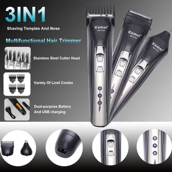 

Kemei 3 in1 USB Rechargeable Electric Hair Clipper Multi-function Razor Men's Shaver Nose Hair Trimmer Sideburn Facial Care