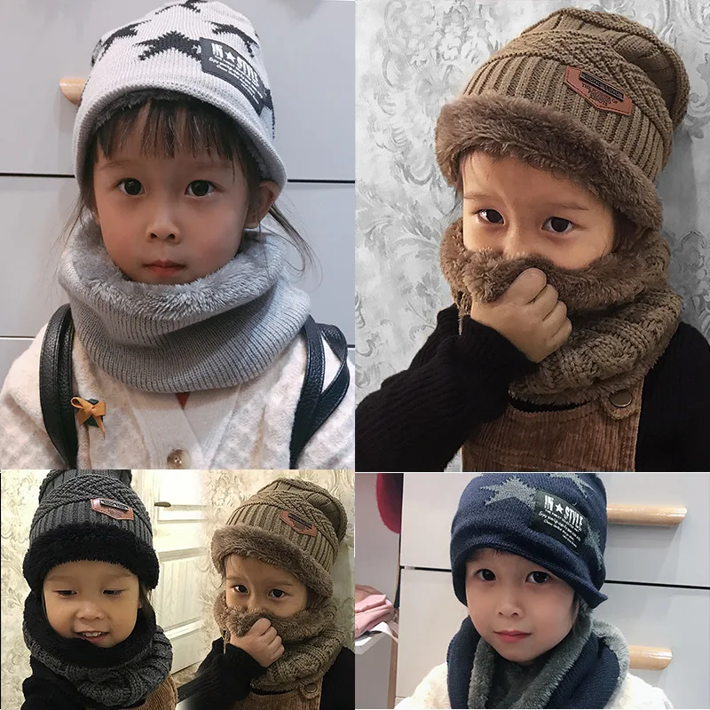 Зимний комплект с шарфом и шапочкой для мальчиков и девочек, милая модная детская шапка, Хлопковый вязаный комплект с шапочками и воротником на открытом воздухе, теплый шарф и шапка