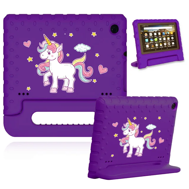 Cute Cartoon Kids Cover for Fire 7 (5th 7th 9th Gen)/HD 8 Tablet Handle Stand Funda Case for Fire HD 8 Plus (10th Gen 2020) 22.purple case-white