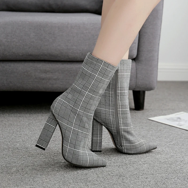 

Mid Calf Boots Woman Gingham Pointed Toe Half Boot Fashion High Heels Shoes Ladies Winter Booties Plus Size Zapatos De Mujer