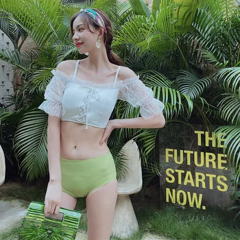 

Woman Swimsuit 2020 Bikini Push Up Bathing Suit Hot Women New Korean Split Three Piece With Ruffle Swimsuits Skirt Lace Solid