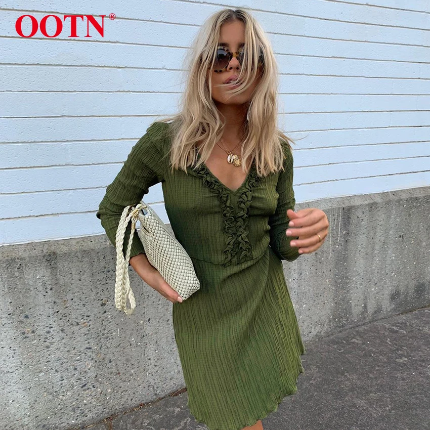 

OOTN Vintage Ruffle Green Dress Women Long Sleeve Mini Dresses Female Autumn Winter Sexy V-Neck Frill Vestidos 2019 Fashion Fall