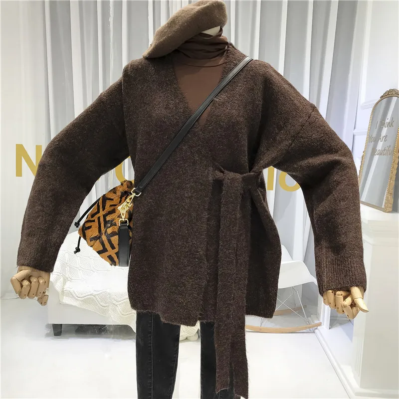 

New Year's Sweater for Women V-Neck Solid Belt Womens New Arrival Sweaters 2019 Vintage Ladies Winter Knitted Tops Dark Gray