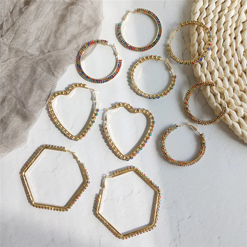 

KOMi New Coloful Rhinestone Crystal Earrings C Heart Shape Big Circle Geometric Earrings for Women Girls Party Jewelry D0242
