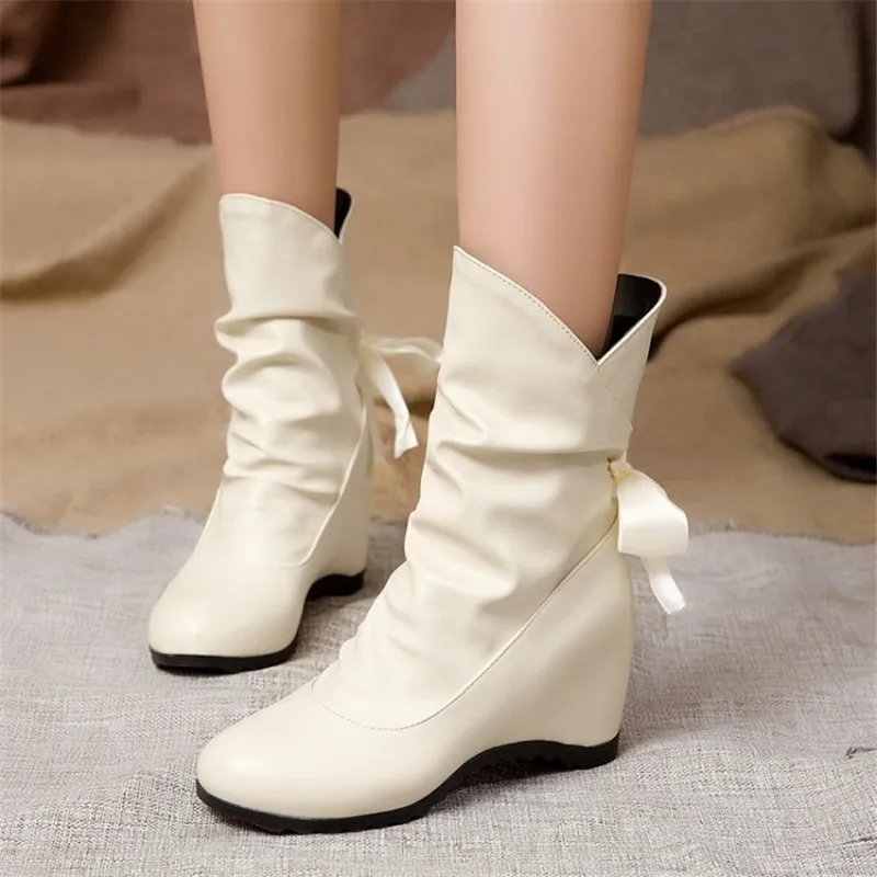 

PXELENA 2020 Winter Warm Ankle Boots Women Hidden Wedge High Heels Back Lace Up Short Boots Ladies Shoes Black White Beige 34-43