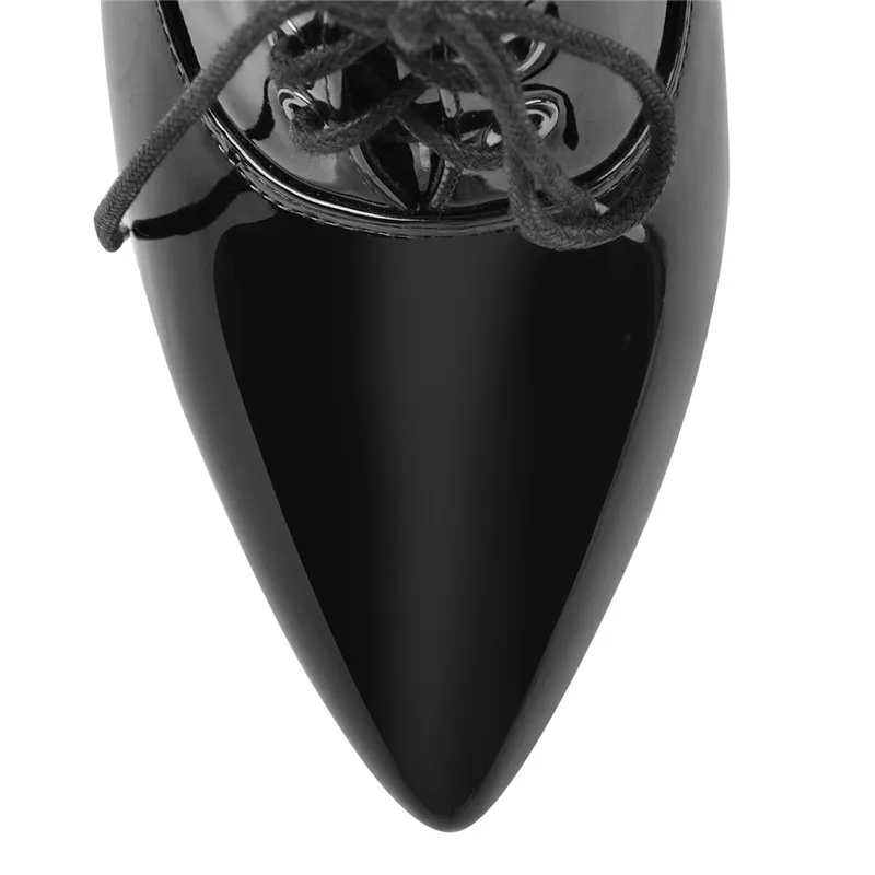 Onlymaker Women's Pointed Toe Sexy 10CM High Heel Lace-up Stiletto Black Patent Leather Black Sole Boots