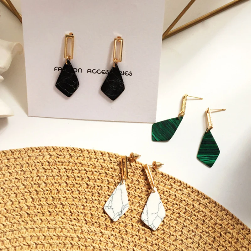 

Fashion White Resin 1Pair Black Wedding Green Rectangular Polygon Natural Stone Geometric Gifts Drop Earring