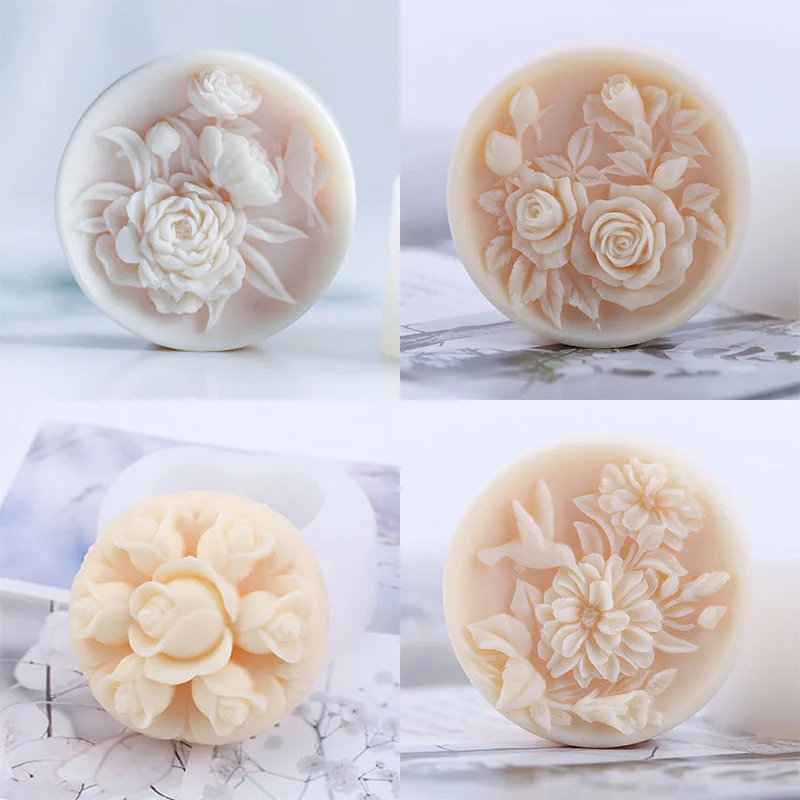 Round Shape Handmade Soap Silicone Mold Peony Rose Flowers Soap Making Molds