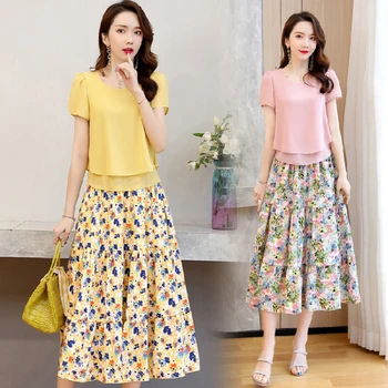 

Fashion Set Chiffon Dress Short Sleeve Top Rural Style Floral Two Piece Long Skirt 4XL 5XL Plus Size Outfits Womens Clothing