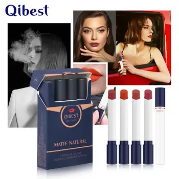 

4PCS/SET Matte lipstick by Qibest cigarette apperance sexy red nude orange lip cream long lasting waterproof lipstick set QB058