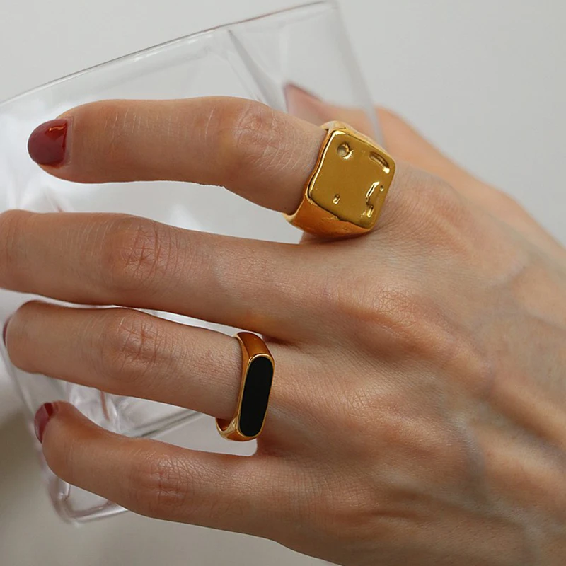 Peri'sBox 3 Designs Black Enamel Abstract Body Rings Textured Meteorite Irregular Rings for Women Vintage Titanium Steel Ring - Image 2