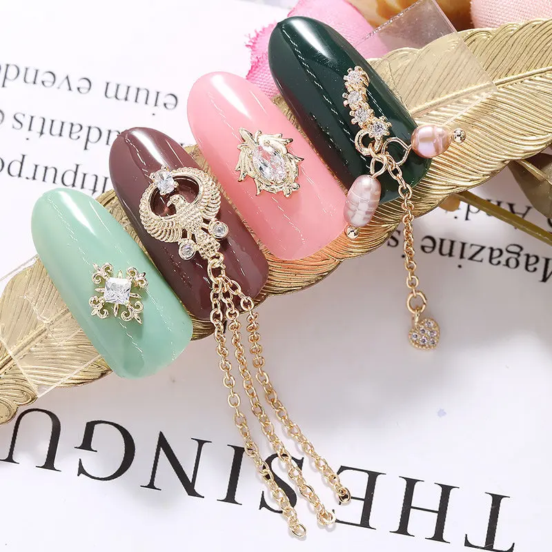 5pcs Pendant Chain 3D Alloy Nail Art Micro-inlay Zircon Pearl metal manicure nail accessories DIY Nail Decoration Nail charms
